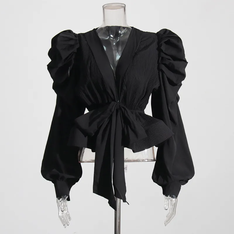 Elegant Long Sleeve Chiffon Shirt With Belt Slim Fit Deep V Neck Bubble Sleeve New Fashion 2025 Ladies Business Casual Top display picture 12