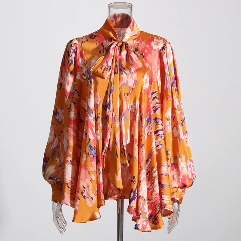 Elegant French Style Long Sleeve Women's Shirt Bow Tie Loose Fit Urban Fashion Commute Shirt Plant Floral Pattern Polyester Lyocell display picture 5