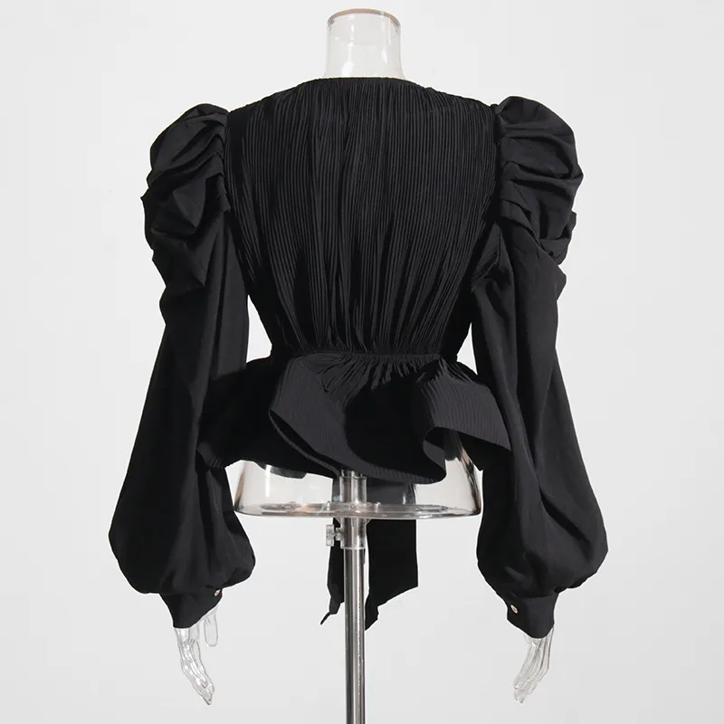 Elegant Long Sleeve Chiffon Shirt With Belt Slim Fit Deep V Neck Bubble Sleeve New Fashion 2025 Ladies Business Casual Top display picture 13