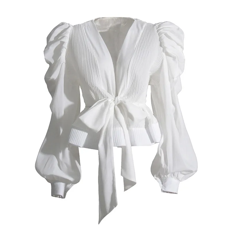 Elegant Long Sleeve Chiffon Shirt With Belt Slim Fit Deep V Neck Bubble Sleeve New Fashion 2025 Ladies Business Casual Top display picture 3