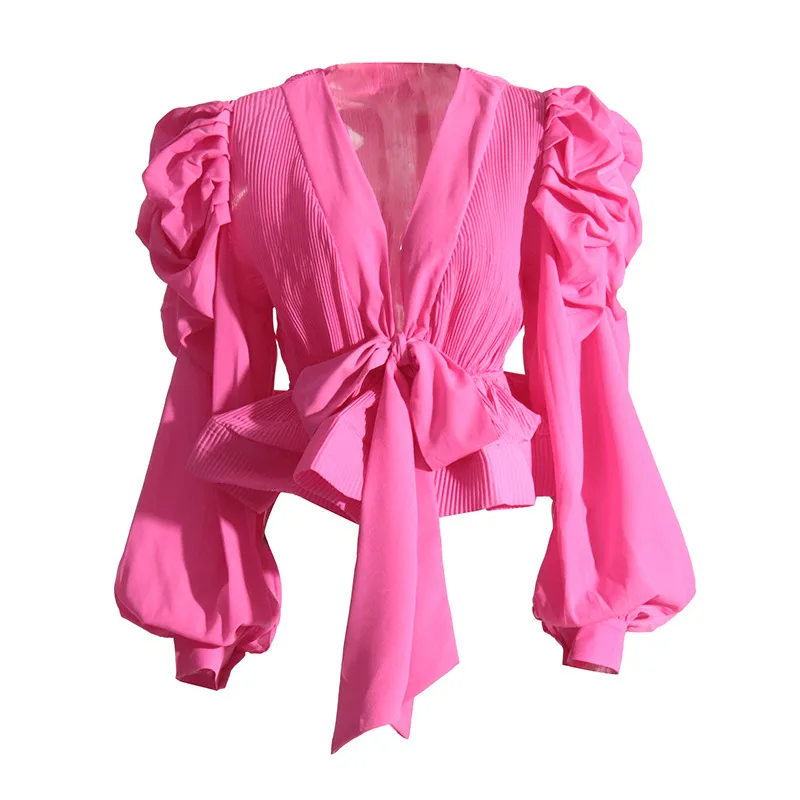 Elegant Long Sleeve Chiffon Shirt With Belt Slim Fit Deep V Neck Bubble Sleeve New Fashion 2025 Ladies Business Casual Top display picture 4