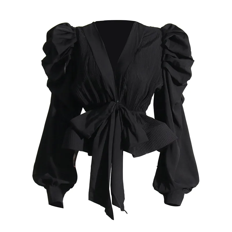 Elegant Long Sleeve Chiffon Shirt With Belt Slim Fit Deep V Neck Bubble Sleeve New Fashion 2025 Ladies Business Casual Top display picture 5