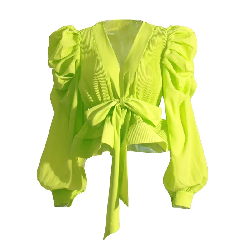 Elegant Long Sleeve Chiffon Shirt With Belt Slim Fit Deep V Neck Bubble Sleeve New Fashion 2025 Ladies Business Casual Top display picture 6