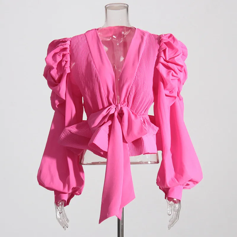 Elegant Long Sleeve Chiffon Shirt With Belt Slim Fit Deep V Neck Bubble Sleeve New Fashion 2025 Ladies Business Casual Top display picture 7