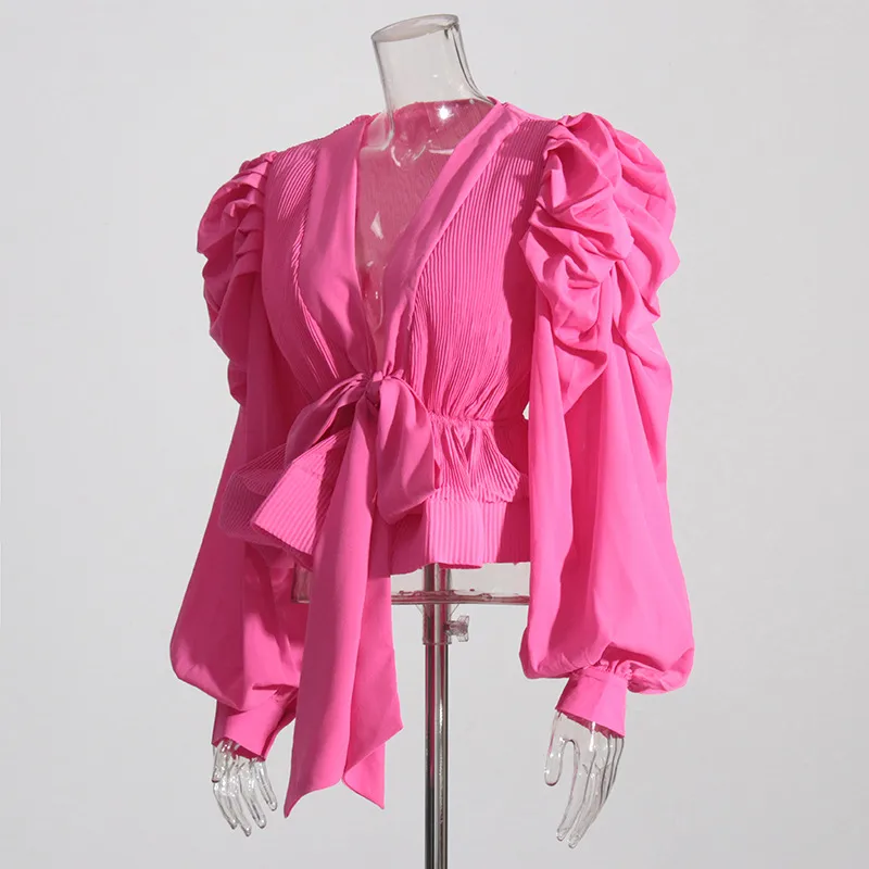 Elegant Long Sleeve Chiffon Shirt With Belt Slim Fit Deep V Neck Bubble Sleeve New Fashion 2025 Ladies Business Casual Top display picture 8