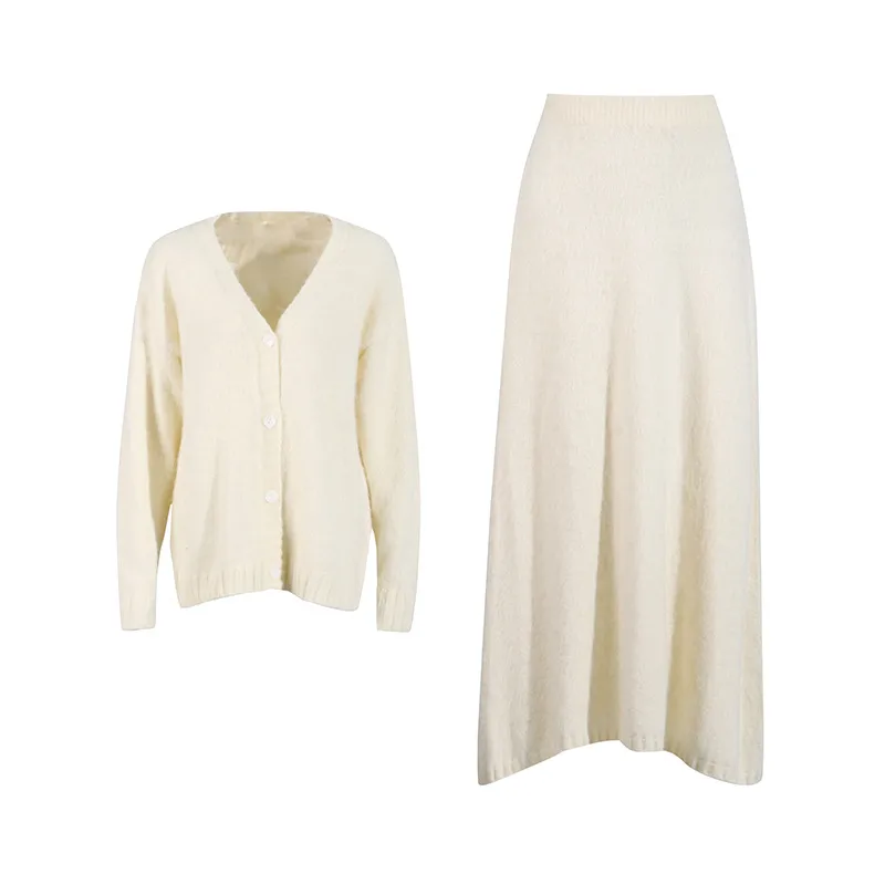 Fashionable Casual Knitted Set Women's V-neck Open Cardigan Plus Gentle Solid Color Mini Skirt Two-piece Trendy Cotton Polyester Clothing display picture 14