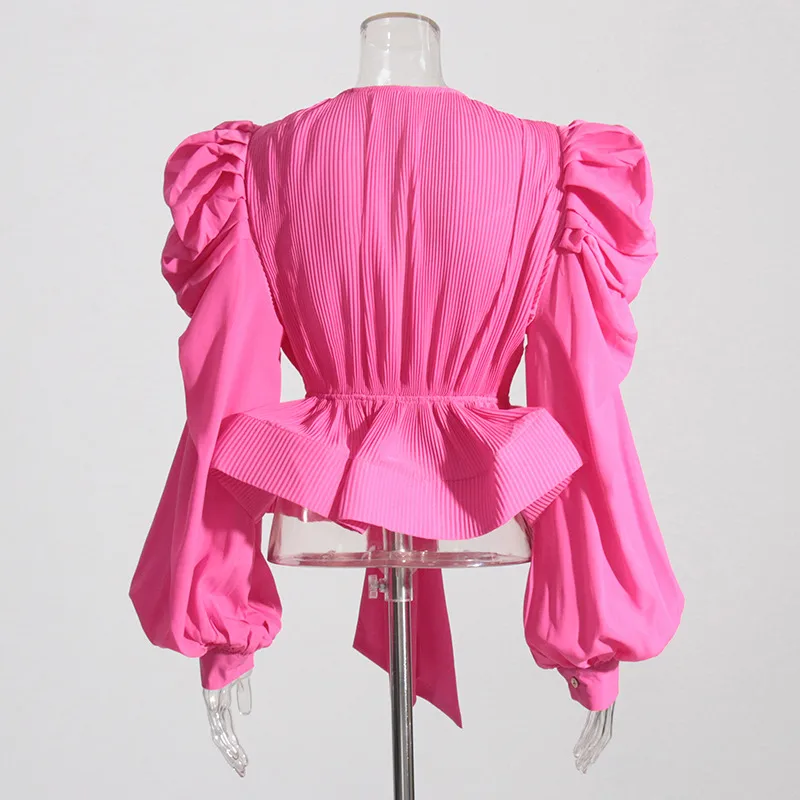 Elegant Long Sleeve Chiffon Shirt With Belt Slim Fit Deep V Neck Bubble Sleeve New Fashion 2025 Ladies Business Casual Top display picture 9