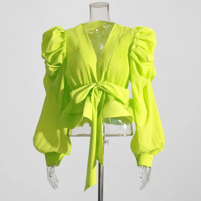 Elegant Long Sleeve Chiffon Shirt With Belt Slim Fit Deep V Neck Bubble Sleeve New Fashion 2025 Ladies Business Casual Top display picture 10