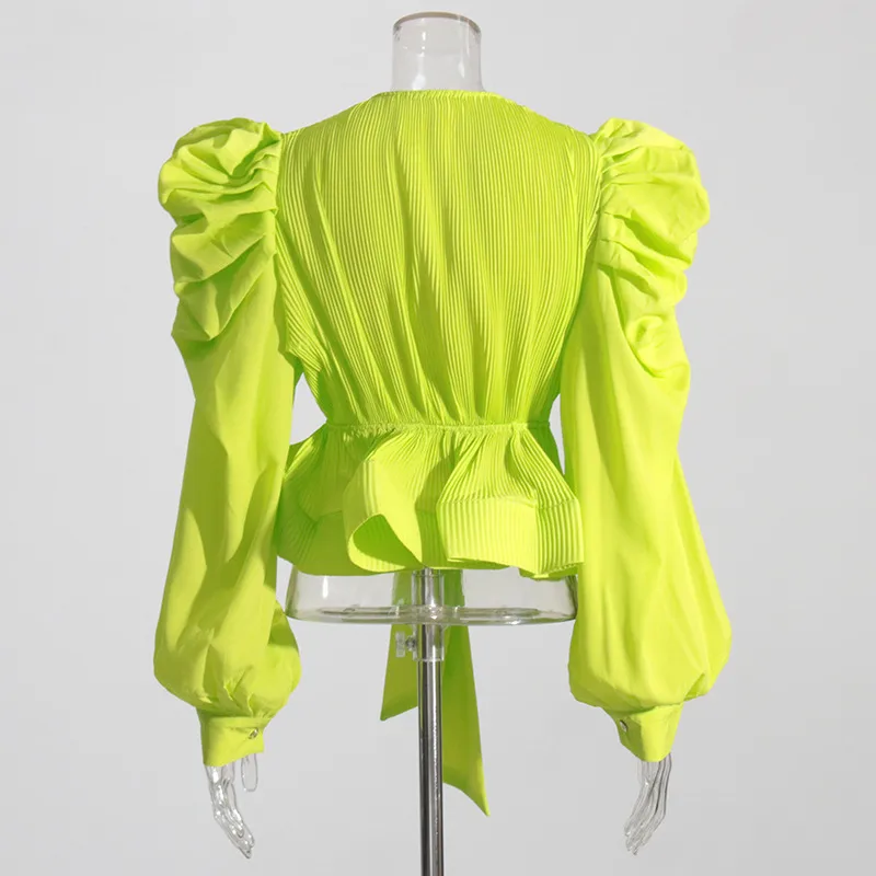 Elegant Long Sleeve Chiffon Shirt With Belt Slim Fit Deep V Neck Bubble Sleeve New Fashion 2025 Ladies Business Casual Top display picture 11