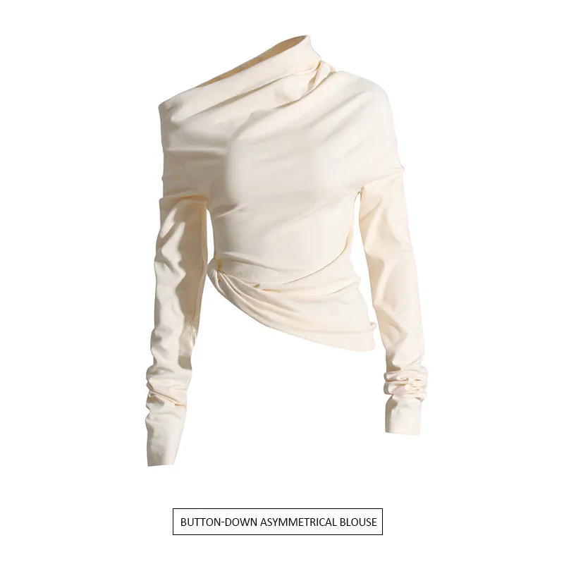 Fashionable Casual Pleated Side Collar Slim Fit Solid Color Short T Shirt Women's Top Trendy Commute Style Cotton Polyester Blend display picture 2