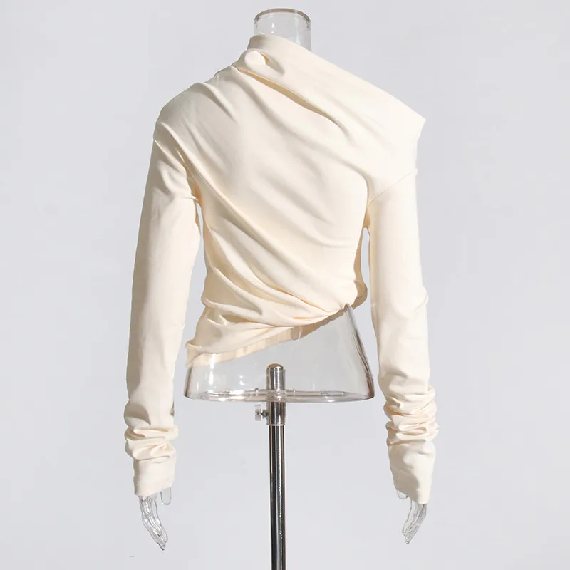 Fashionable Casual Pleated Side Collar Slim Fit Solid Color Short T Shirt Women's Top Trendy Commute Style Cotton Polyester Blend display picture 6