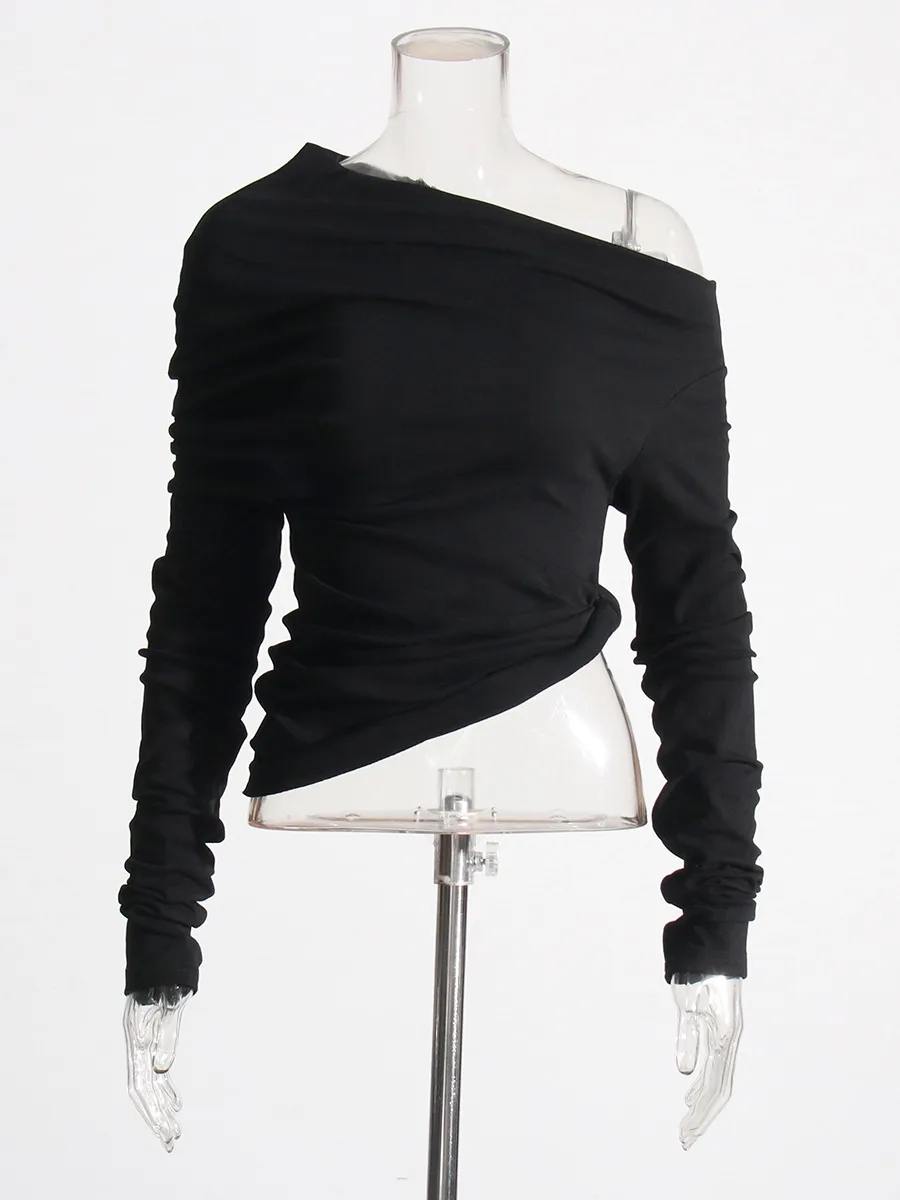 Fashionable Casual Pleated Side Collar Slim Fit Solid Color Short T Shirt Women's Top Trendy Commute Style Cotton Polyester Blend display picture 3