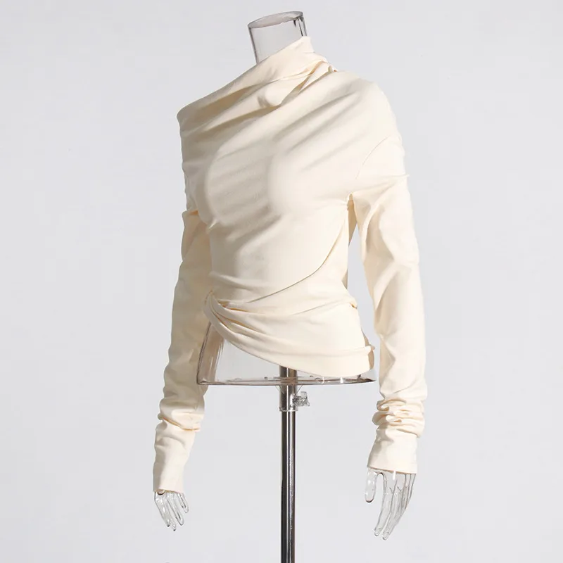 Fashionable Casual Pleated Side Collar Slim Fit Solid Color Short T Shirt Women's Top Trendy Commute Style Cotton Polyester Blend display picture 5