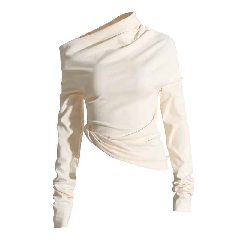 Fashionable Casual Pleated Side Collar Slim Fit Solid Color Short T Shirt Women's Top Trendy Commute Style Cotton Polyester Blend display picture 7