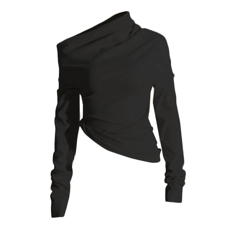 Fashionable Casual Pleated Side Collar Slim Fit Solid Color Short T Shirt Women's Top Trendy Commute Style Cotton Polyester Blend display picture 8