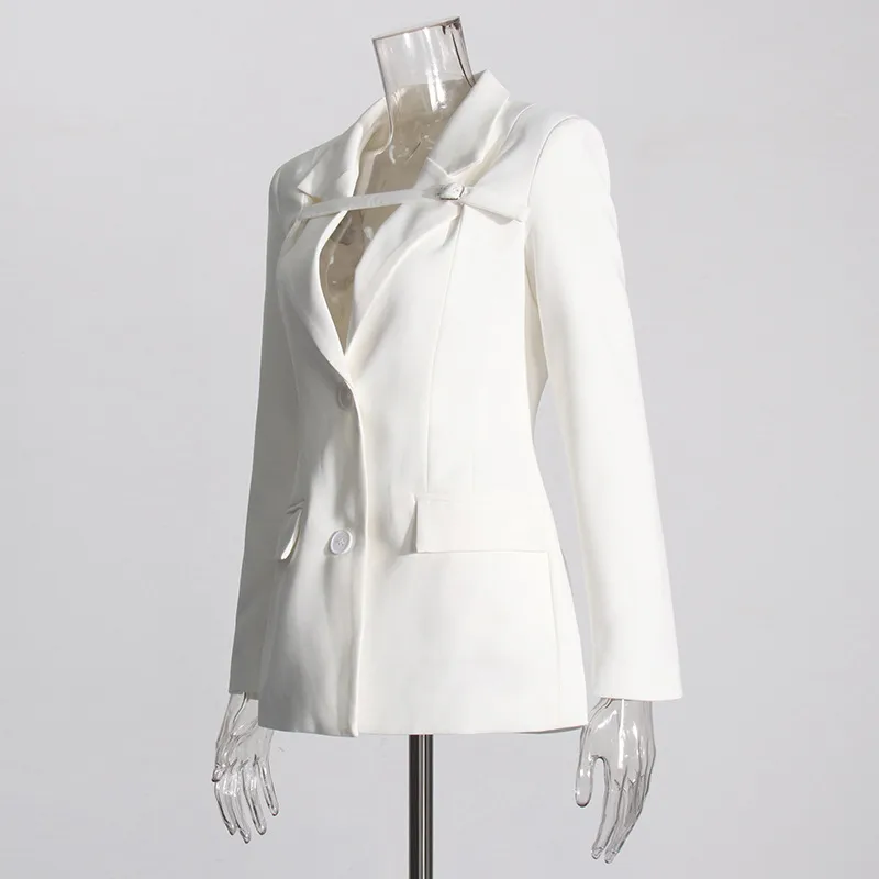 Slim Fit Solid Color Suit Coat Women New Style Casual Long Sleeve Button Design Belt Design Splicing Coat display picture 4