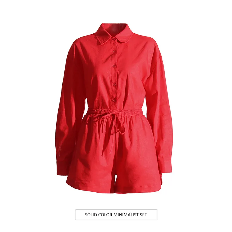 Fashionable Minimalist Ladies Casual Shirt And Shorts Set High Waist Shorts Two Piece Set Pure Color Collar Button Detail display picture 2