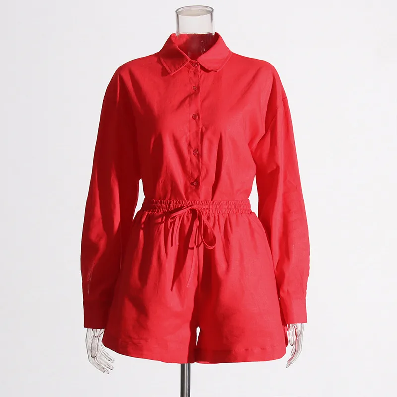 Fashionable Minimalist Ladies Casual Shirt And Shorts Set High Waist Shorts Two Piece Set Pure Color Collar Button Detail display picture 3