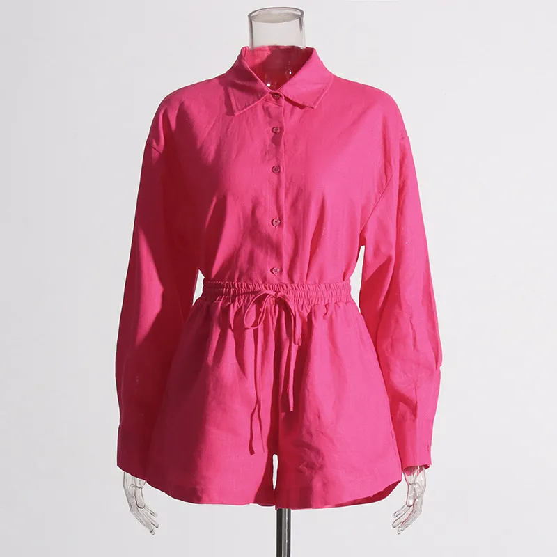 Fashionable Minimalist Ladies Casual Shirt And Shorts Set High Waist Shorts Two Piece Set Pure Color Collar Button Detail display picture 5