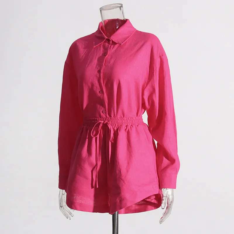 Fashionable Minimalist Ladies Casual Shirt And Shorts Set High Waist Shorts Two Piece Set Pure Color Collar Button Detail display picture 6