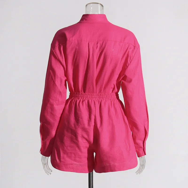 Fashionable Minimalist Ladies Casual Shirt And Shorts Set High Waist Shorts Two Piece Set Pure Color Collar Button Detail display picture 7