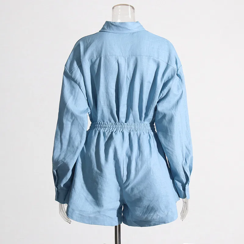 Fashionable Minimalist Ladies Casual Shirt And Shorts Set High Waist Shorts Two Piece Set Pure Color Collar Button Detail display picture 13