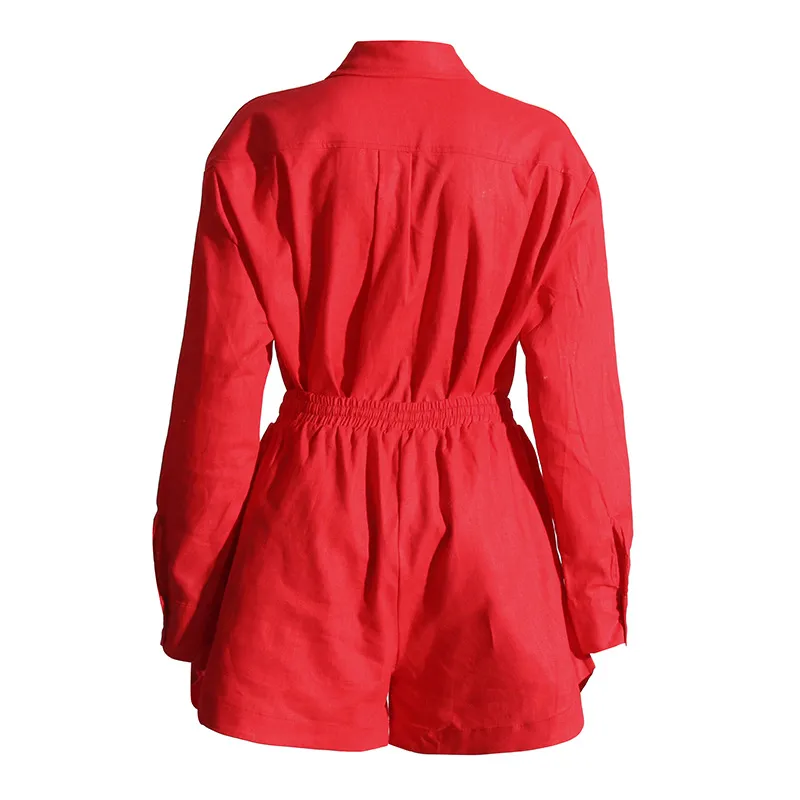 Fashionable Minimalist Ladies Casual Shirt And Shorts Set High Waist Shorts Two Piece Set Pure Color Collar Button Detail display picture 15