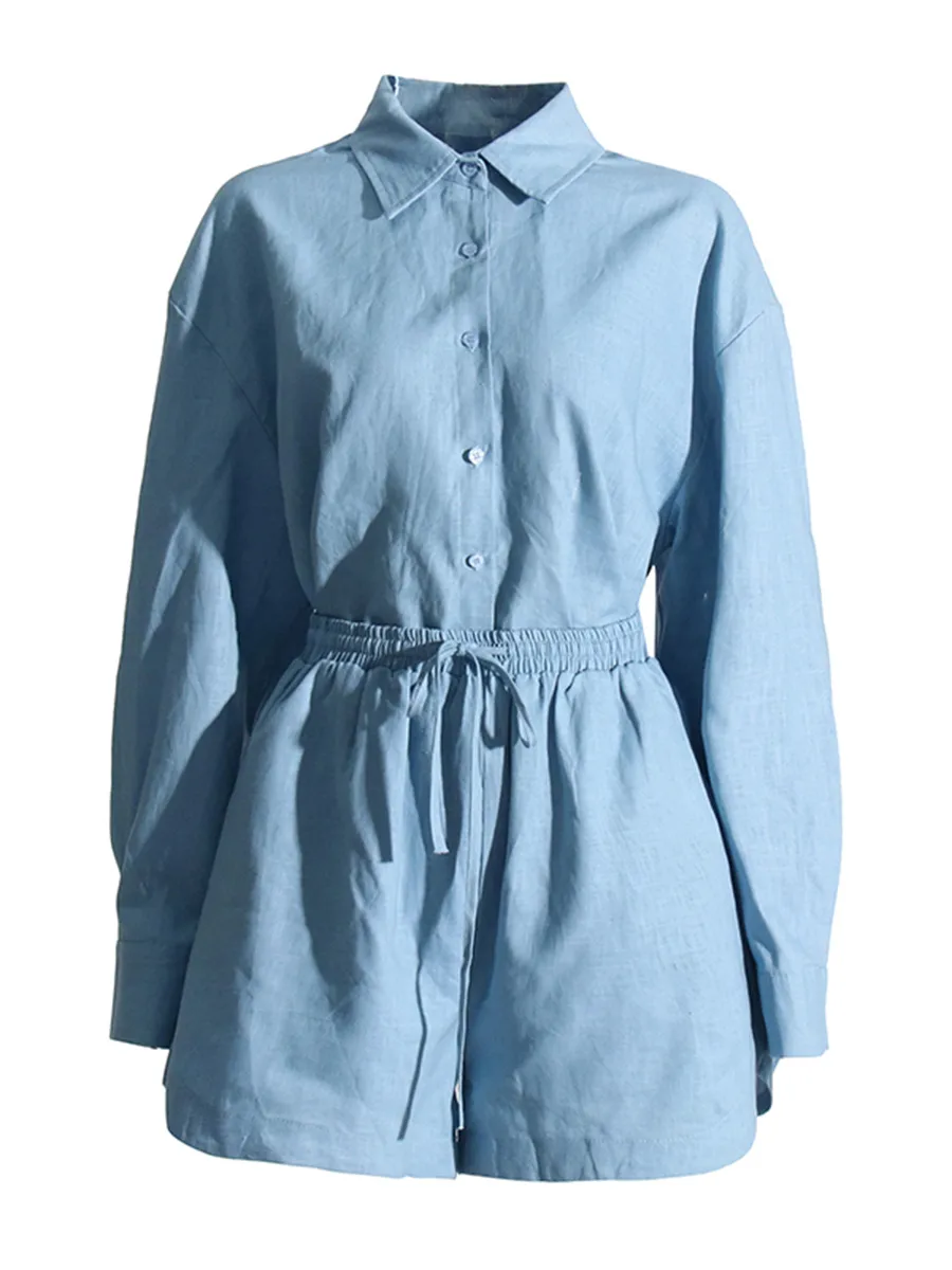 Fashionable Minimalist Ladies Casual Shirt And Shorts Set High Waist Shorts Two Piece Set Pure Color Collar Button Detail display picture 18
