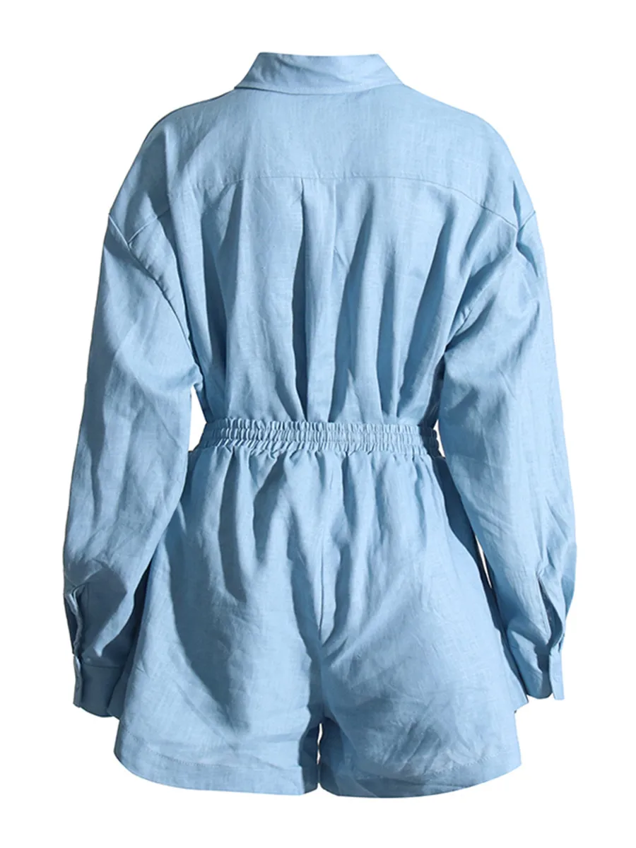 Fashionable Minimalist Ladies Casual Shirt And Shorts Set High Waist Shorts Two Piece Set Pure Color Collar Button Detail display picture 19