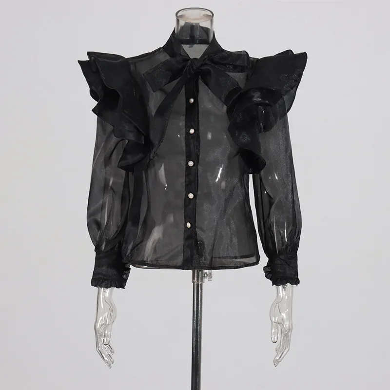 Elegant Auji Shalei Si Shirt Women's Fashion Design Sleeve Length Stand Collar Puff Sleeve Retro Style Solid Color Single Button display picture 3