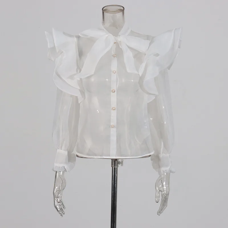 Elegant Auji Shalei Si Shirt Women's Fashion Design Sleeve Length Stand Collar Puff Sleeve Retro Style Solid Color Single Button display picture 5