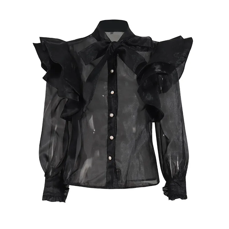 Elegant Auji Shalei Si Shirt Women's Fashion Design Sleeve Length Stand Collar Puff Sleeve Retro Style Solid Color Single Button display picture 8
