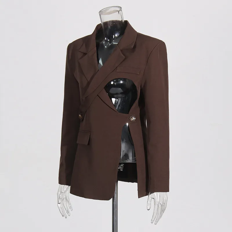 Elegant British Style Women's Business Casual Jacket Set Hollow Out Asymmetric Design High Waist Construction Luxury Feel display picture 4