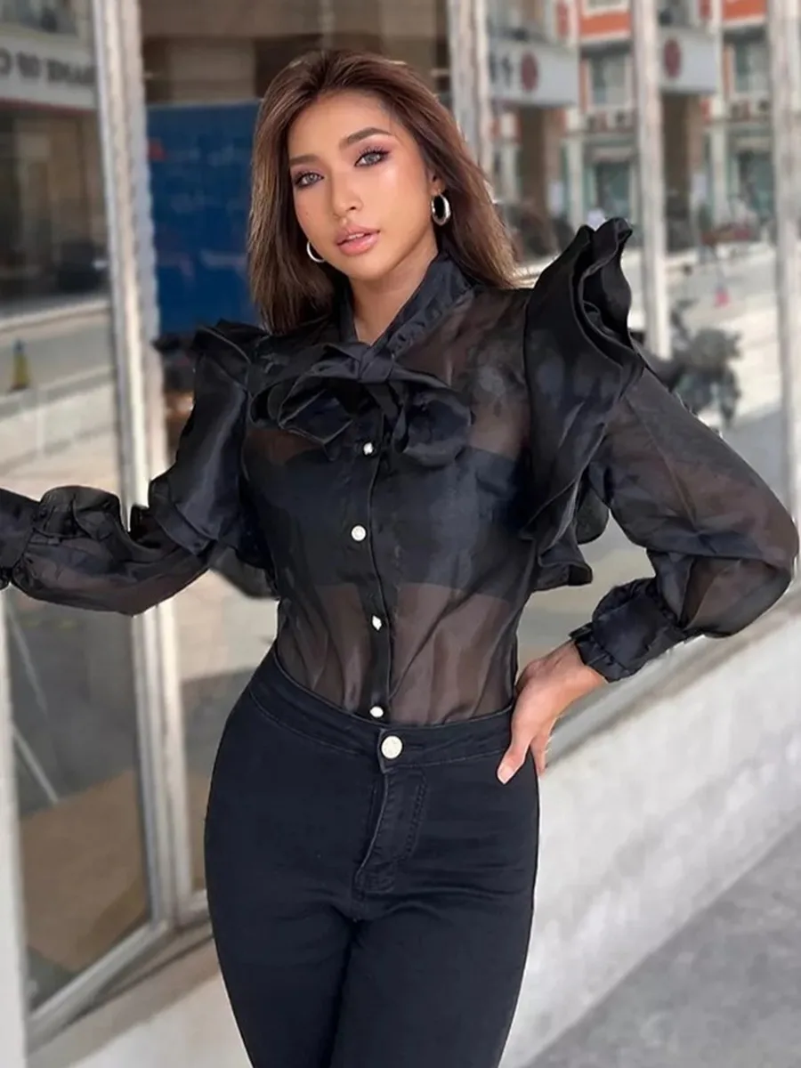 Elegant Auji Shalei Si Shirt Women's Fashion Design Sleeve Length Stand Collar Puff Sleeve Retro Style Solid Color Single Button display picture 2