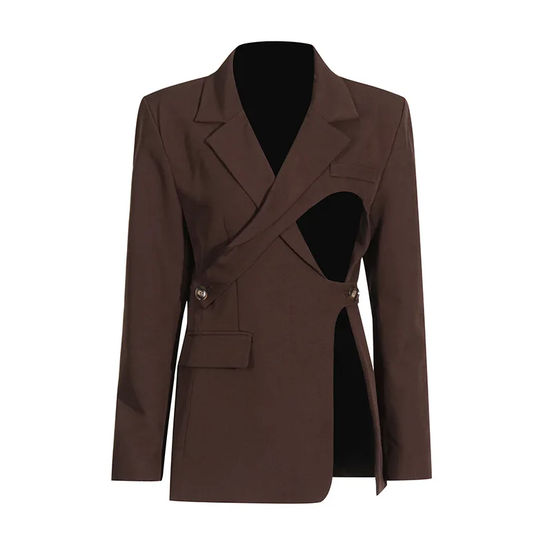Elegant British Style Women's Business Casual Jacket Set Hollow Out Asymmetric Design High Waist Construction Luxury Feel display picture 5