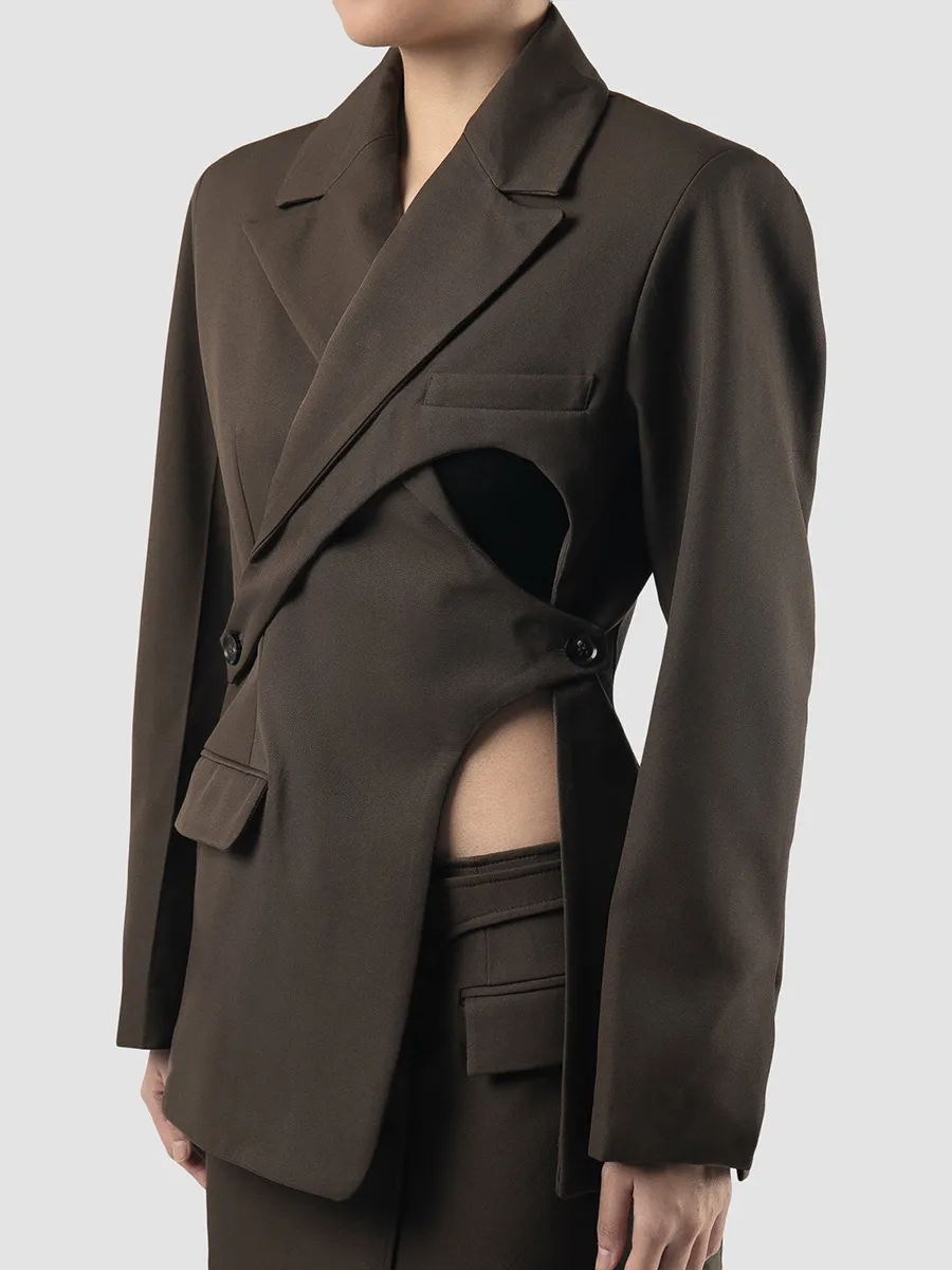 Elegant British Style Women's Business Casual Jacket Set Hollow Out Asymmetric Design High Waist Construction Luxury Feel display picture 2
