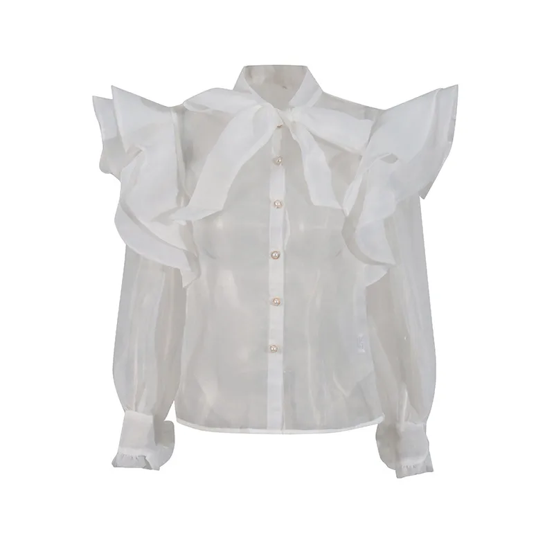 Elegant Auji Shalei Si Shirt Women's Fashion Design Sleeve Length Stand Collar Puff Sleeve Retro Style Solid Color Single Button display picture 10