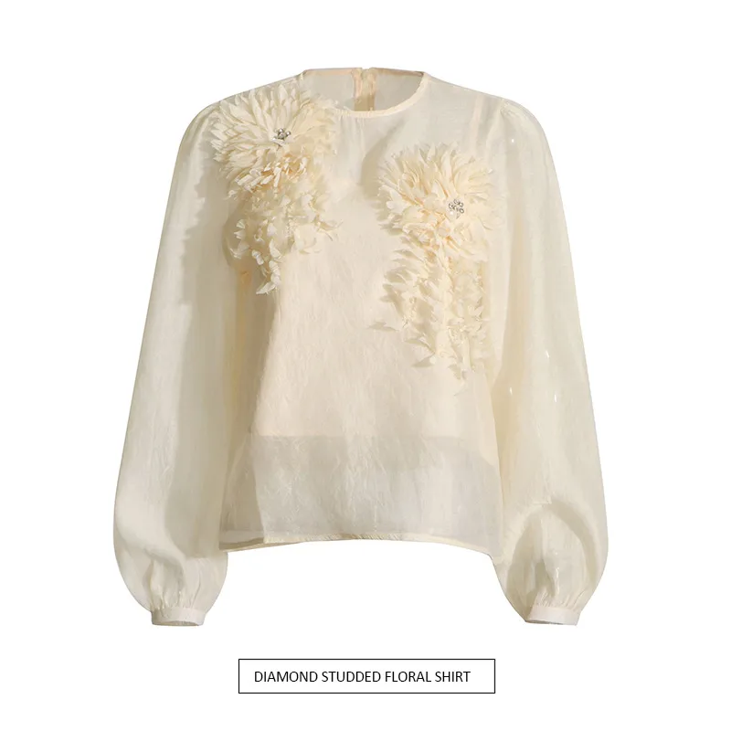 Elegant Round Neck Lantern Sleeve Shirt Women's Fashion Design Floral Stitching Diamond Decorative Shirt Vintage Art Style display picture 2