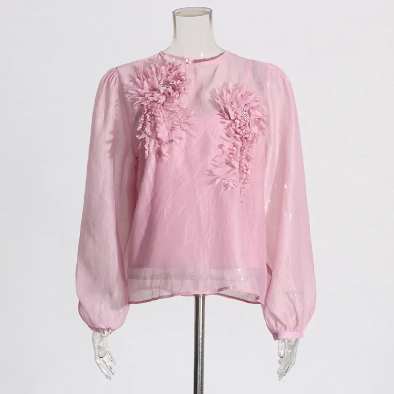 Elegant Round Neck Lantern Sleeve Shirt Women's Fashion Design Floral Stitching Diamond Decorative Shirt Vintage Art Style display picture 5