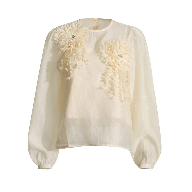Elegant Round Neck Lantern Sleeve Shirt Women's Fashion Design Floral Stitching Diamond Decorative Shirt Vintage Art Style display picture 10
