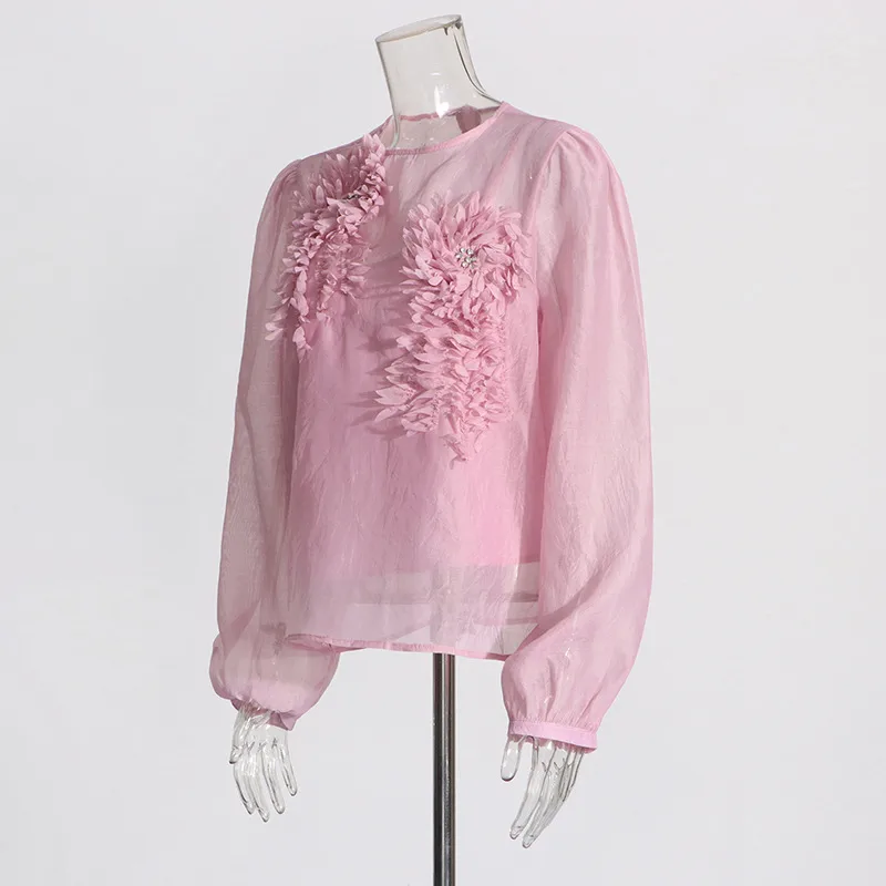 Elegant Round Neck Lantern Sleeve Shirt Women's Fashion Design Floral Stitching Diamond Decorative Shirt Vintage Art Style display picture 6
