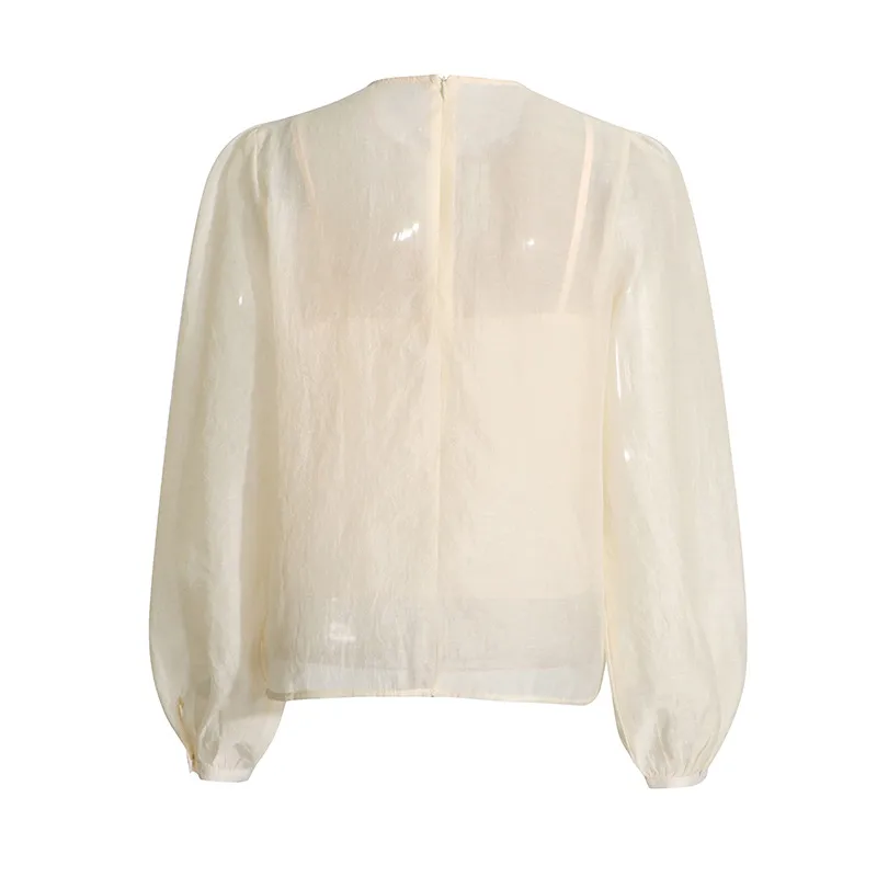 Elegant Round Neck Lantern Sleeve Shirt Women's Fashion Design Floral Stitching Diamond Decorative Shirt Vintage Art Style display picture 11
