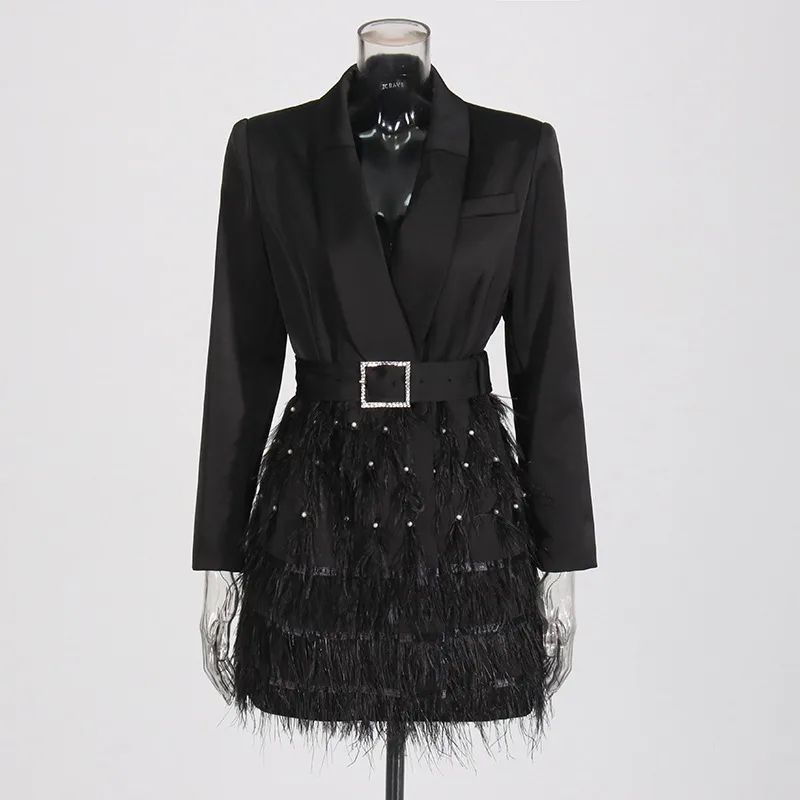 Elegant Short Slim Fit Dress With Heavy Bead And Feather Design Ladies' Suit Jacket Cotton Polyester Long Sleeve Dress display picture 3