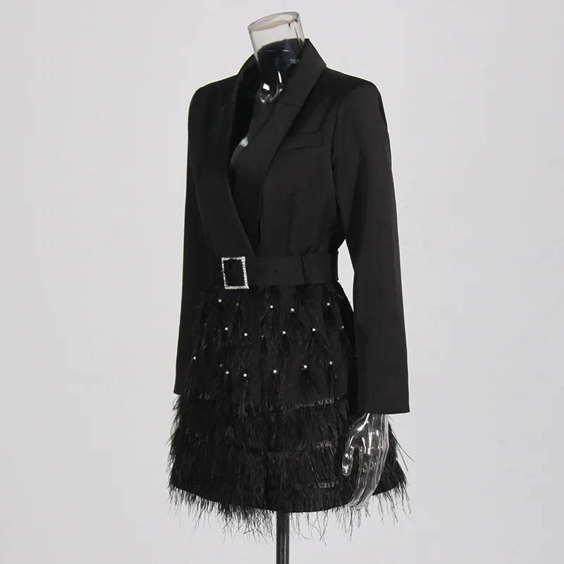 Elegant Short Slim Fit Dress With Heavy Bead And Feather Design Ladies' Suit Jacket Cotton Polyester Long Sleeve Dress display picture 4