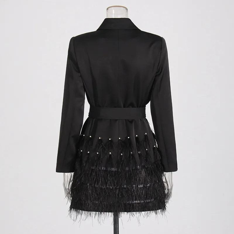 Elegant Short Slim Fit Dress With Heavy Bead And Feather Design Ladies' Suit Jacket Cotton Polyester Long Sleeve Dress display picture 5