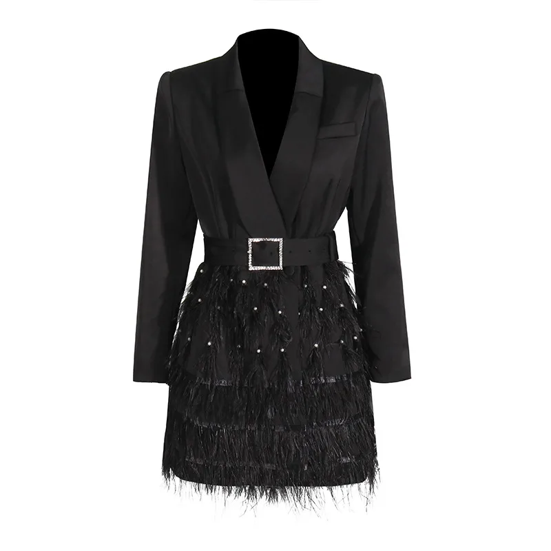 Elegant Short Slim Fit Dress With Heavy Bead And Feather Design Ladies' Suit Jacket Cotton Polyester Long Sleeve Dress display picture 6