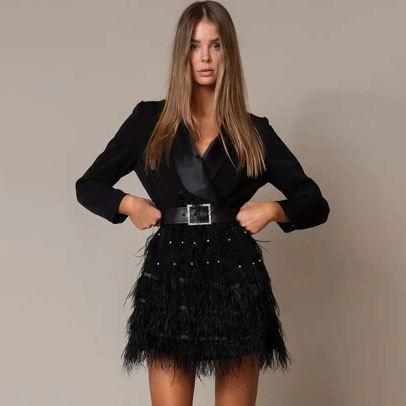 Elegant Short Slim Fit Dress With Heavy Bead And Feather Design Ladies' Suit Jacket Cotton Polyester Long Sleeve Dress display picture 2