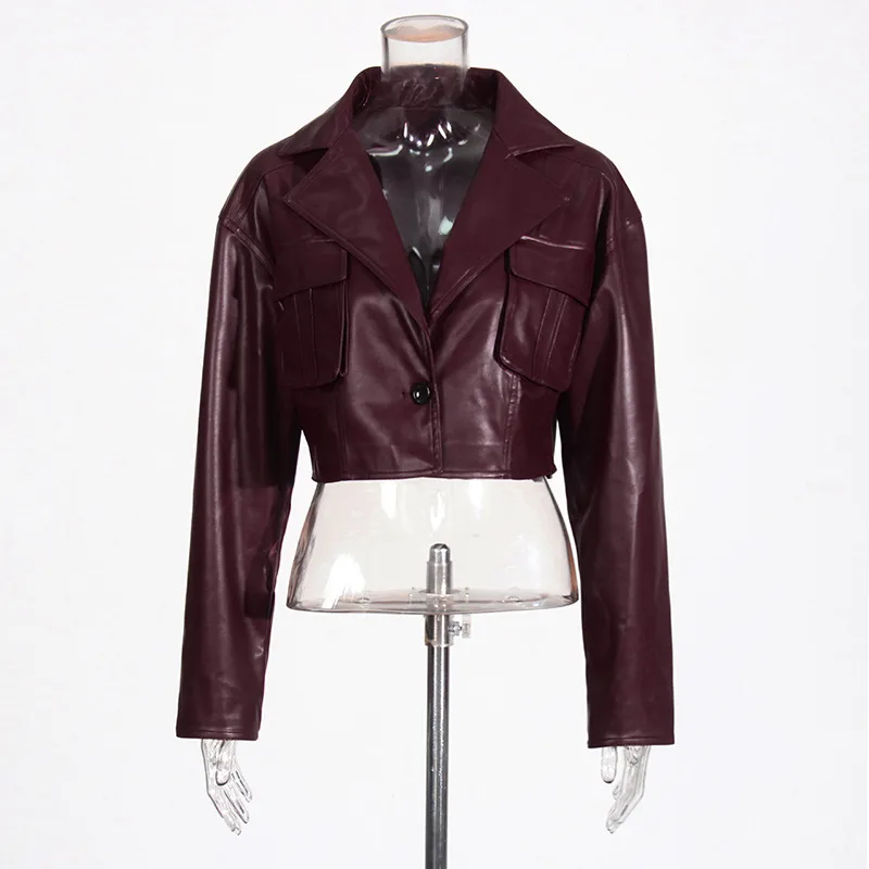 Ladies Short PU Leather Jacket Motorcycle Style Belt Design Summer New Large Collar Splicing Fashion Outerwear Long Sleeve display picture 3