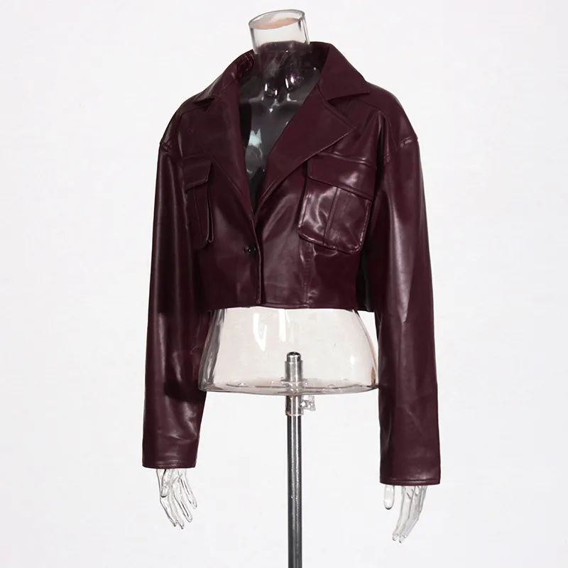 Ladies Short PU Leather Jacket Motorcycle Style Belt Design Summer New Large Collar Splicing Fashion Outerwear Long Sleeve display picture 4