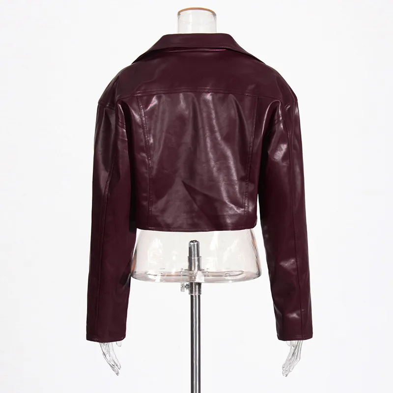Ladies Short PU Leather Jacket Motorcycle Style Belt Design Summer New Large Collar Splicing Fashion Outerwear Long Sleeve display picture 5